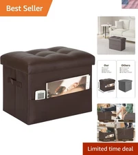 Storage Ottoman Foot Rest Stool Foldable Leather Footstool with Storage Brown