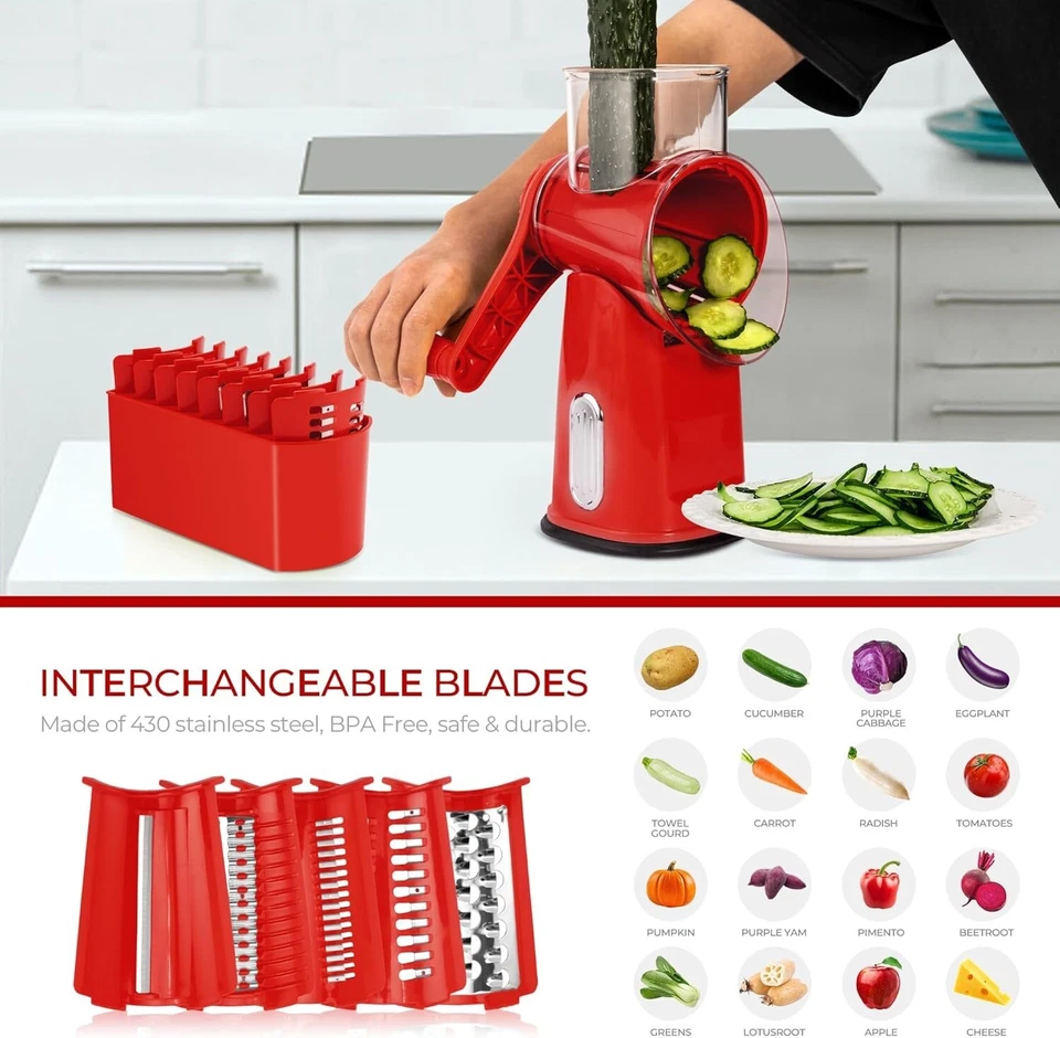 Rallador de queso giratorio con mango y 5 cuchillas, rebanadora redonda y rallador de verduras Foto 3 de 4