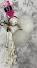 Bead Landing Tassel 2 Pom Pom Balls White Key Chain Key Ring Clip Faux fur