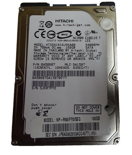 160GB SATA NOTEBOOK HDD HITACHI HTS541616J9SA00 SN: SJKR7PYE #NFP1008