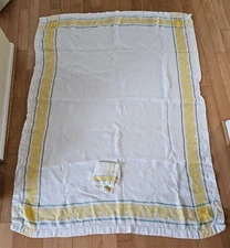 Vintage Linen Tablecloth 48" x 64" Yellow Sage Stripe Flowers with 1 Napkin