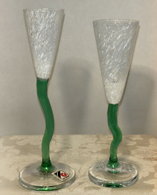 Pair of Frosted Champagne Flutes w/ Green Curvy Stems by  Svoboda, Czechia