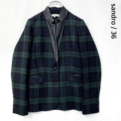 Sandro Check pattern tailored jacket, fully lined, leather trim, size 36 so