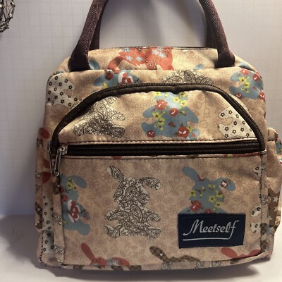 Meetself Light Pink/Brown Bunny Pattern Purse Lunch Bag Tote