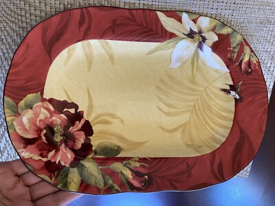 222 Fifth Belize Florae Red Ceramic Oval Serving Plate