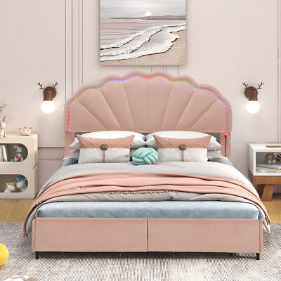 Full Size Upholstered Smart LED Bed Frame with 2 Storage Drawers and Chic Double