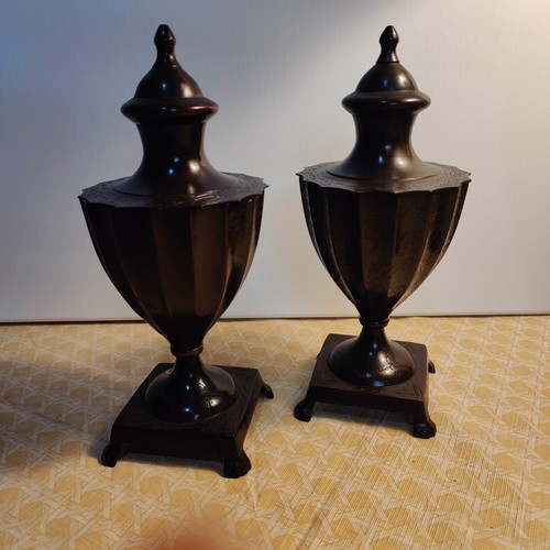 Matching Pair SOLID BRONZE Vintage Engraved Urns 10", Footed W/ Lids, Unmarked - Picture 1 of 21