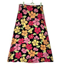 Vintage Y2K Talbots Floral A-Line Midi Skirt Black Pink Yellow Tencel Women 10