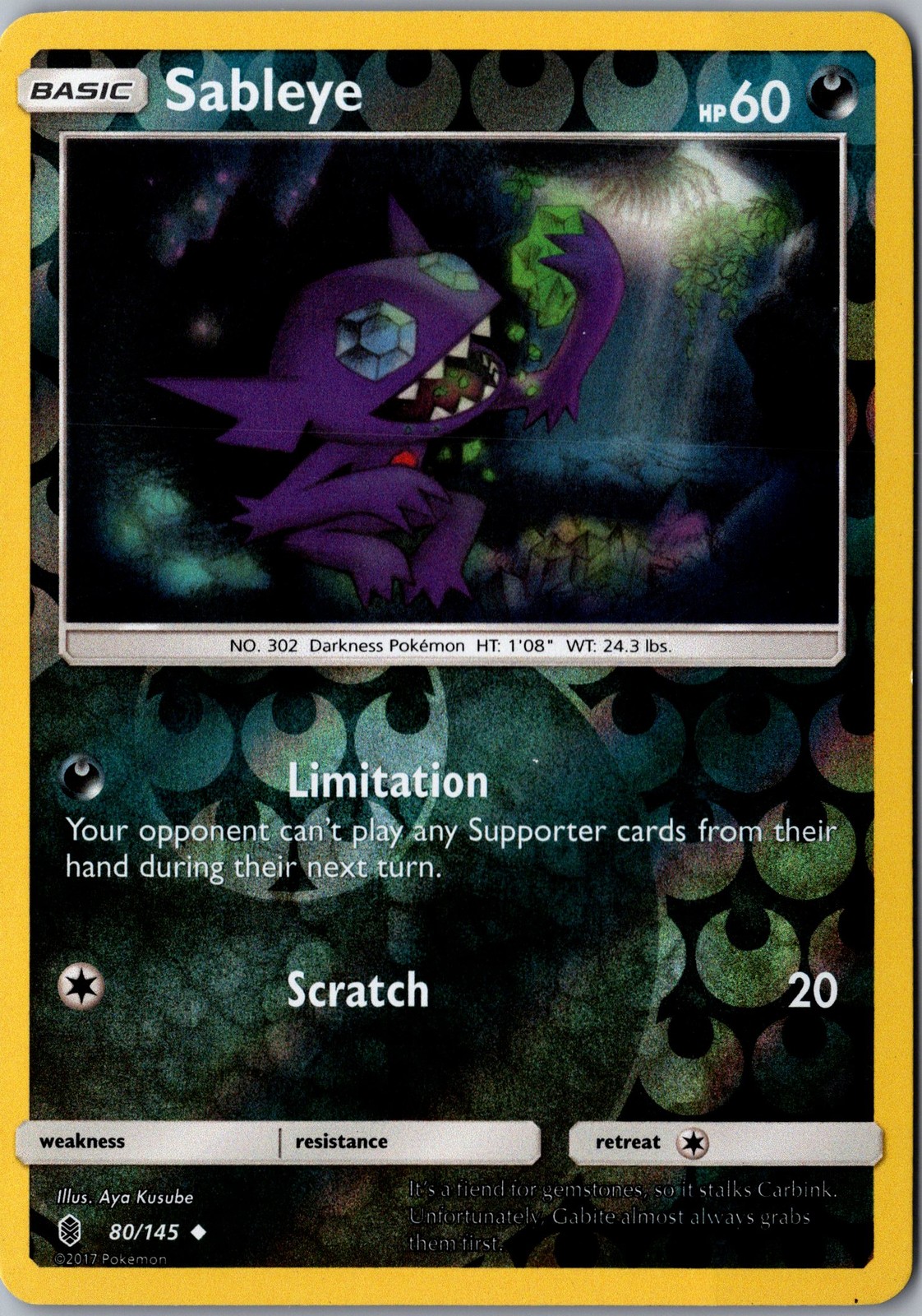 Sableye Reverse Holo 80/145 Uncommon SM02 SM - Guardians Rising LP Pokemon Card