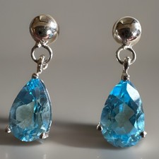 Sterling Silver 925 Pear Cut Blue Topaz Gemstone Stud Drop Earrings 17.6mm Long