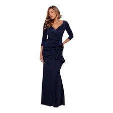XSCAPE Women Evening Gown Pleated Ruffle Scuba Midnight Blue 8