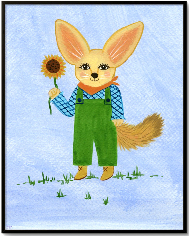 Fennec Fox Farmer Painting, Whimsical Animal Art 8x10