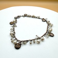 Freshwater Faux Pearl Crystal Beaded Silver Tone Charm Bracelet Boho Dangle Gift