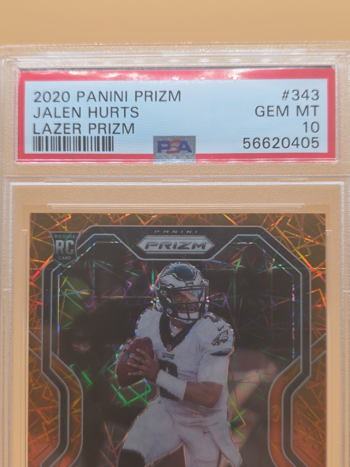 2020 Panini Prizm Jalen Hurts Rookie RC Orange Lazer Prizm PSA 10 view 2