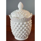 Fenton Milk Glass Hobnail Candy Jar with Lid White Ruffled Rim Vintage 5.5 Inch
