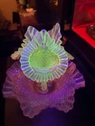 10" Fenton Epergne 3 Horn Ruffle Edge Peach Glass Glows