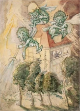 Thunderstorm Humor Cartoon Illustration illegible signed gouache 20th century