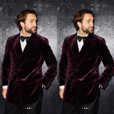 Velvet Men's Suit Peak Lapel Formal 2Pcs Prom Evening Purple Tuxedo Jacket