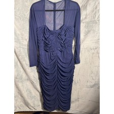Tadashi Shoji Navy Blue Ruched Mesh Sheer Sleeve Cocktail Dress Size L