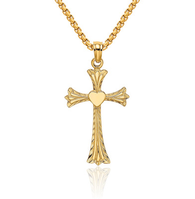 14K Solid Yellow Gold Cross Heart Necklace