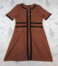 Ming Wang gold Button Detail Trim Soft Knit Dress Auburn Brown Black womens M
