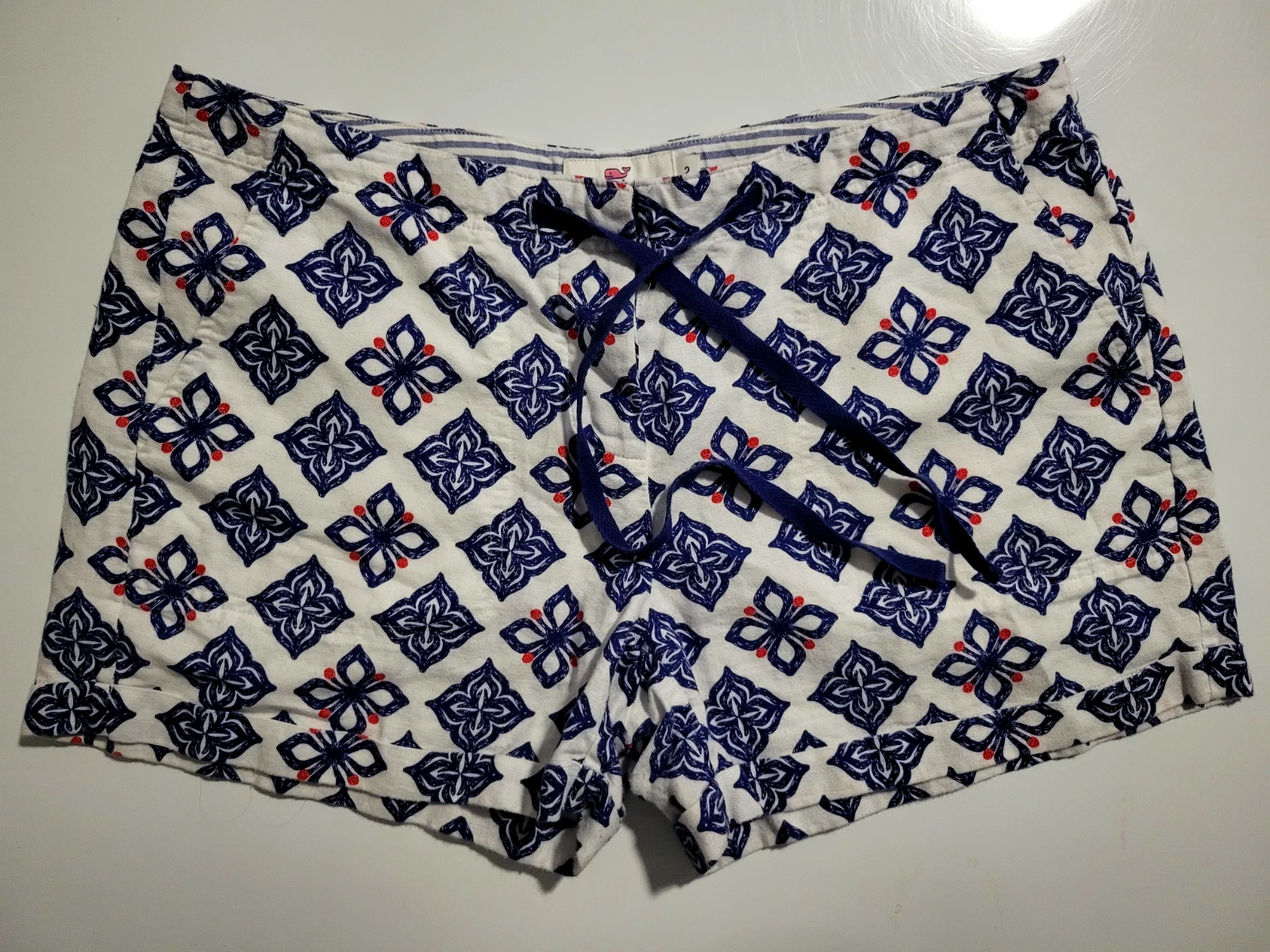 Vineyard Vines Linen Shorts Womens Size 2 Blue White Floral Print Drawstring