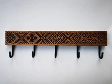 Slim Ethnic Oak Wall Rack with Black Hooks – Key or Towel Hanger