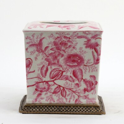 NEW PRIMROSE PINK FLORAL PORCELAIN TISSUE BOX COVER WITH BRONZE ORMOLU BASE