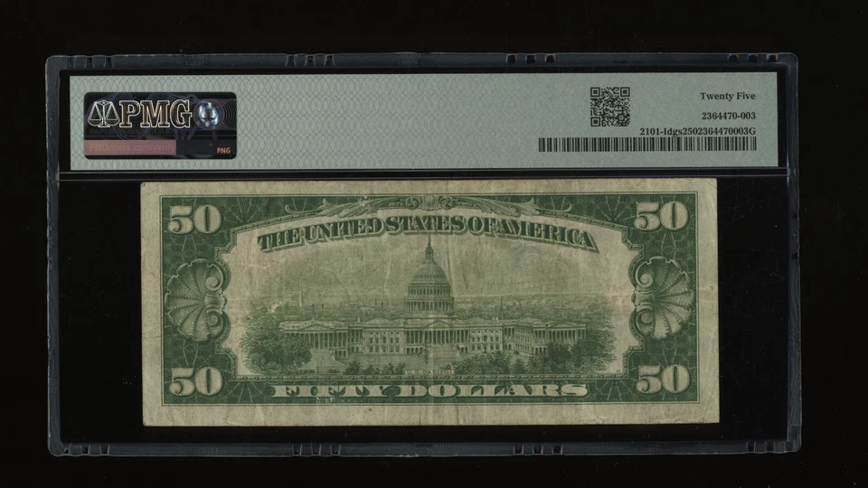 DBR 1928-A $50 DGS FRN Minneapolis Fr. 2101-Idgs PMG 25 Serial I00161939A - Image 2 of 2