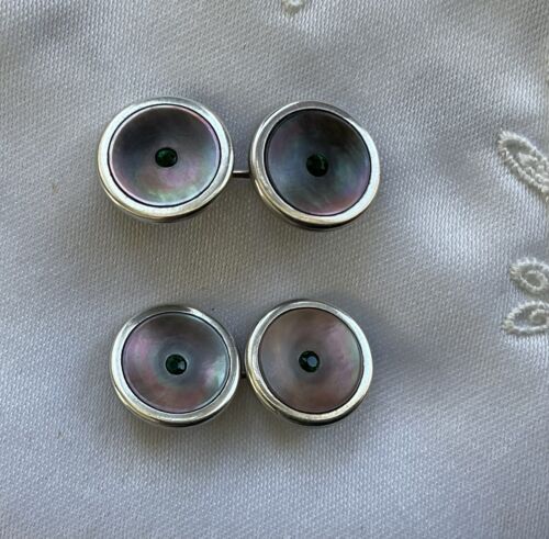 Vintage Black Mother Of Pearl Sterling Green Gemstone Cufflinks - Picture 1 of 8