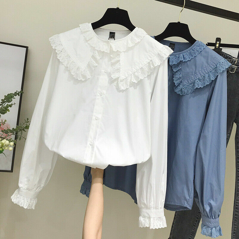【ArimCloset】 lovely lace sailor cotton pure T〜ブラウス Women Lace Blouse Shirt Peter Pan Collar Top Ruffle Frill
