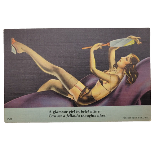 Pin Up Girl with Sexy Pose Stocking Garter Vintage Linen 1940s Postcard Unused - Picture 2 of 5