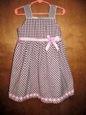 VTG 90'S WONDERKIDS BROWN GINGHAM PINK DAISY W RIBBON GIRLS COTTON SUN DRESS 4T