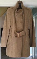 Jane Norman Wool Mix Coat Funnel Neck Button Up Coat - Beige/sand Colour Size 12