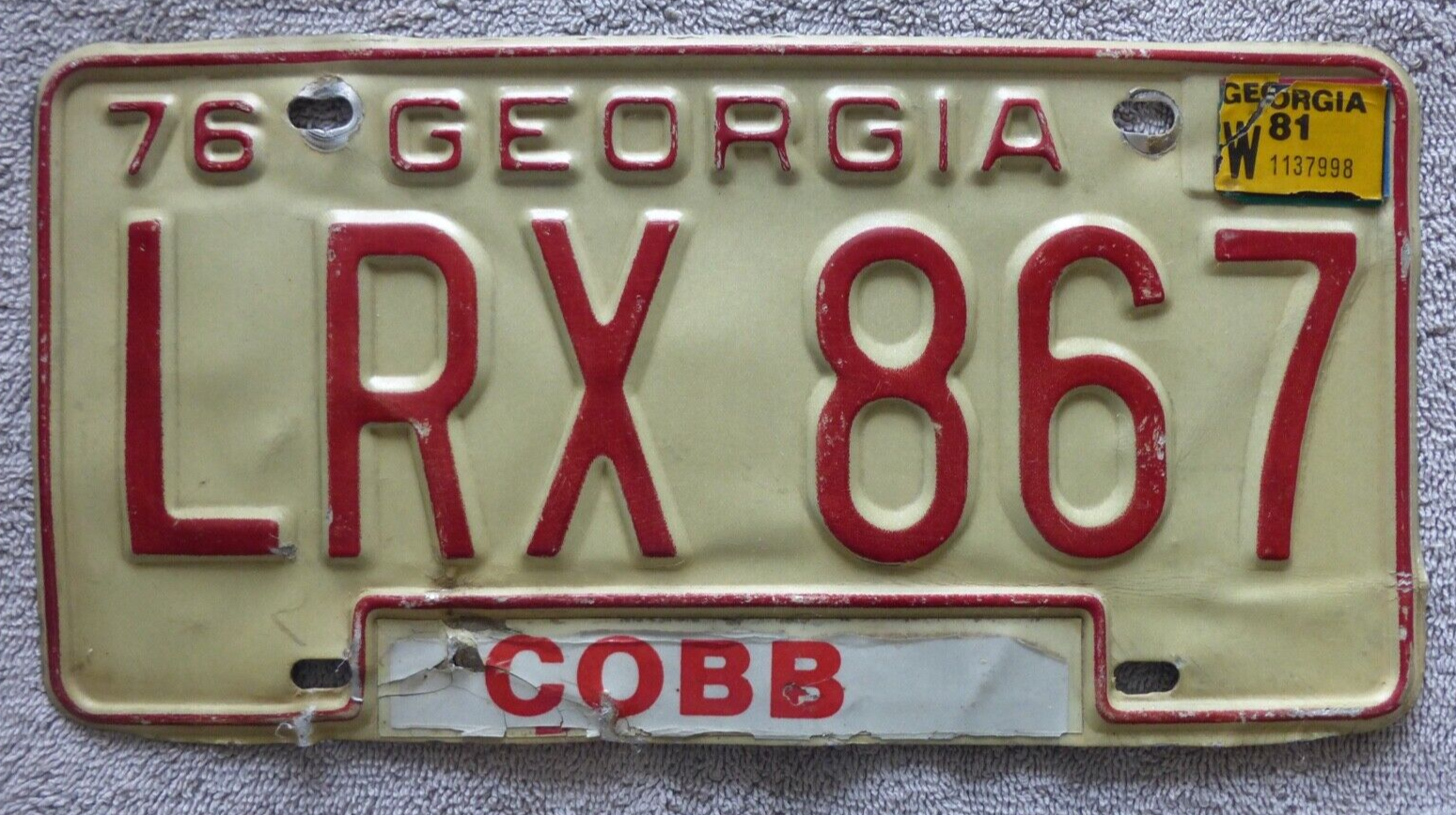 Vintage 1976 Georgia License Plate SUN LRX 867 Cobb GA USA