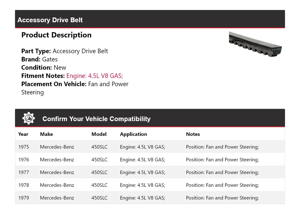 Ventilador de correa de transmisión y puertas de dirección asistida 1976 para Mercedes-Benz 450SLC 1975-1979 Foto 2 de 4