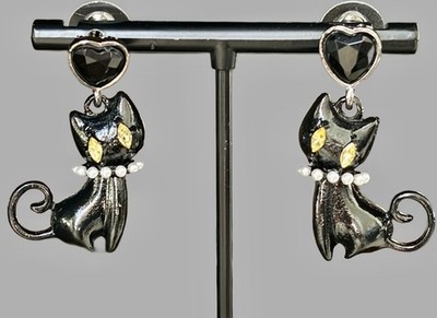 Whimsical Vintage Style Black Cat Earrings~Rhinestone & Glass Pearl Accents~NWOT