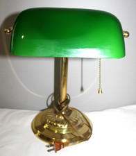 VINTAGE GREEN GLASS BRASS STAND BANKERS LIBRARY TABLETOP DESK LAMP 13.5" TALL