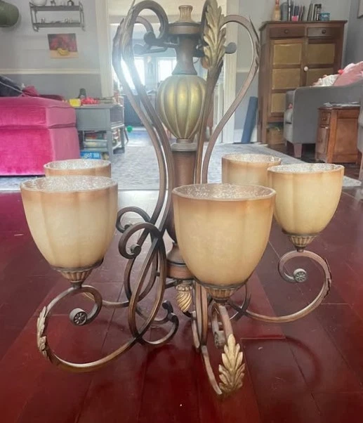 French Country 5-Light Walnut/Brass Finish Chandelier w Champagne Glass Shades - Image 2 of 4