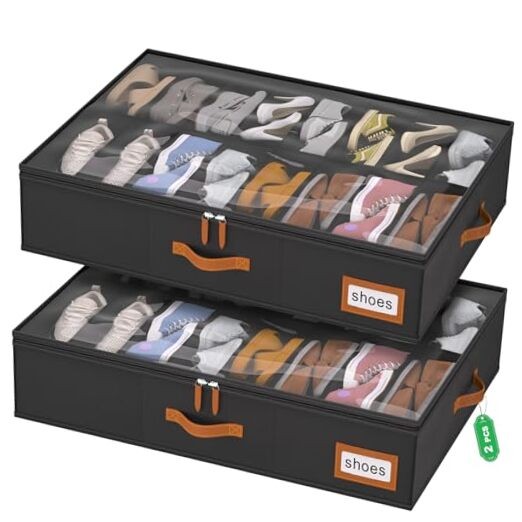 Shoe Organizer Under Bed, Fits 32 Pairs, Under bed Shoe Storage Boxes Black-image