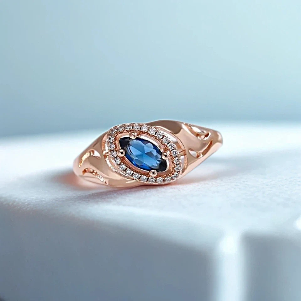 Ring Vergoldet Rosegold Gold 585 Rolled Dunkelblauer Zirkonia klassisches Design - Bild 4 von 4