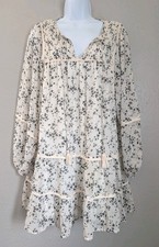 Blue Rain Ivory Floral Chiffon Long Sleeve Tiered Mini Dress Medium Boho Fairy