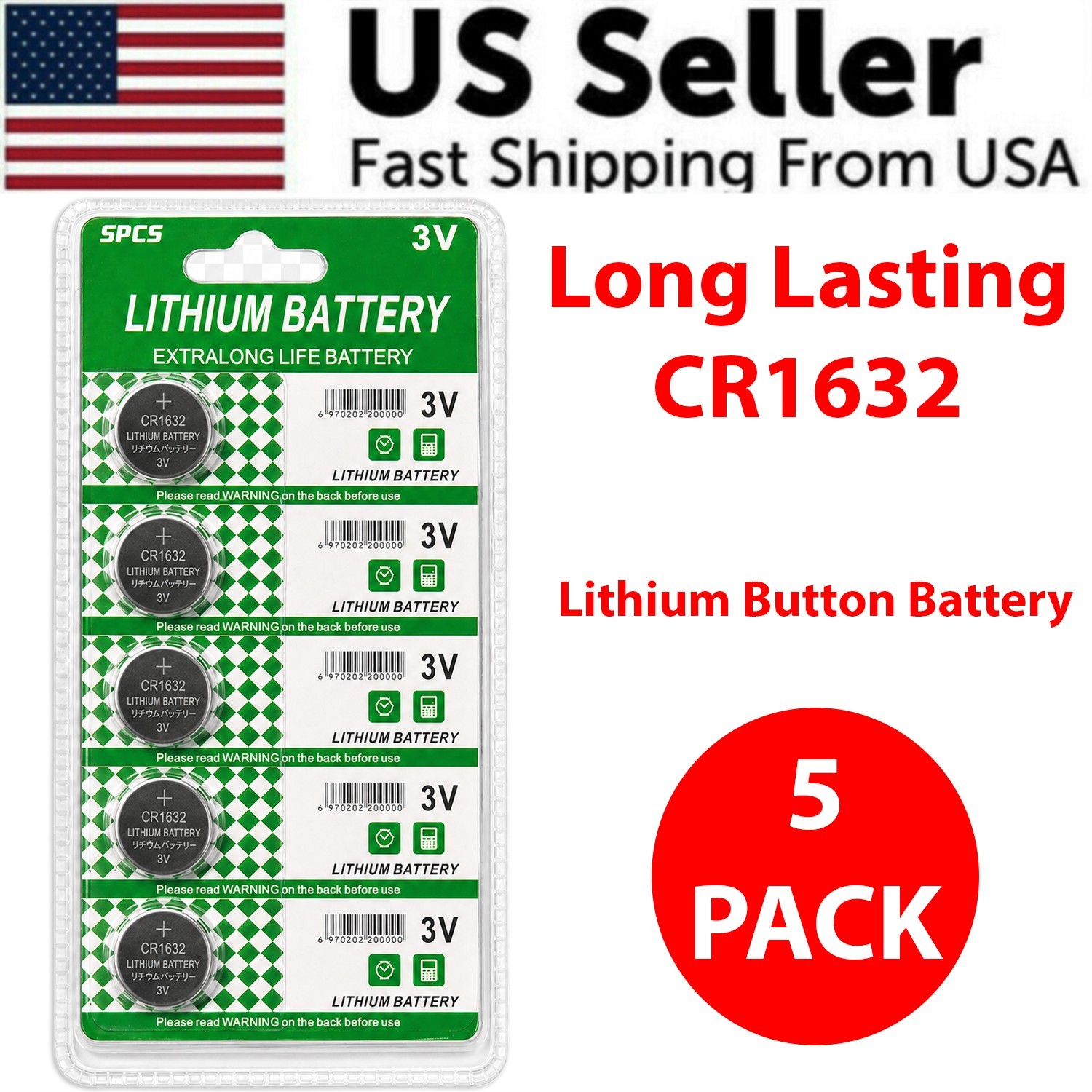 5 PACK FRESH LONG LIFE CR1632 ECR1632 1632 3V Lithium Coin Battery Expire 2031