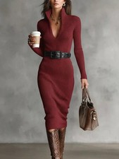 Burgundy Red Full Size Ribbed Knit Turtleneck Sweater Dress Plus Size