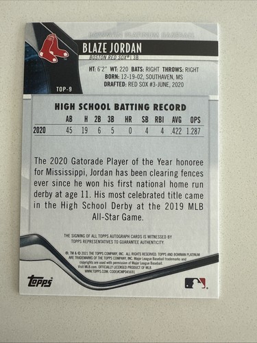 2021 BOWMAN PLATINUM AUTO BLAZE JORDAN BOSTON RED SOX #TOP-9 NM - Picture 2 of 2