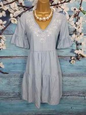 Accessorize Chambray Blue Embroidery Boho Summer Holiday Short Dress Size XS