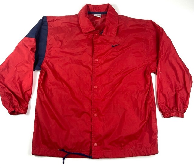 Vtg Nike Mens Windbreaker Jacket Red Snaps Drawstring Collared Red Swoosh Large | eBay