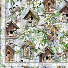 Animal Fabric Birdhouse Chickadee Bloom Blue Timeless Treasures YARD