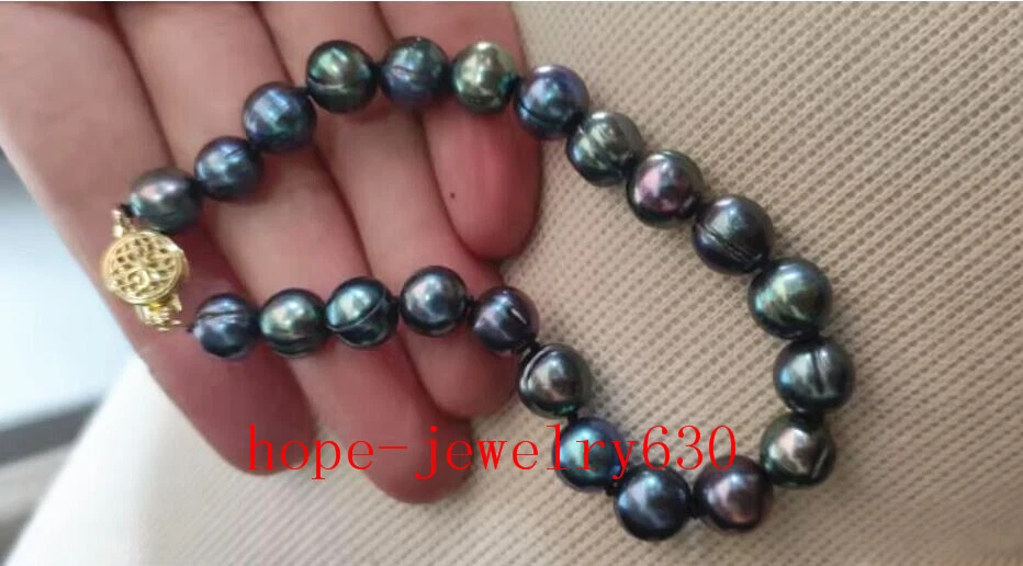 Women's 7.5-8" AAA+ 9-10mm natural Tahitian Black green pearl bracelet 14k Gold - Image 2 of 4
