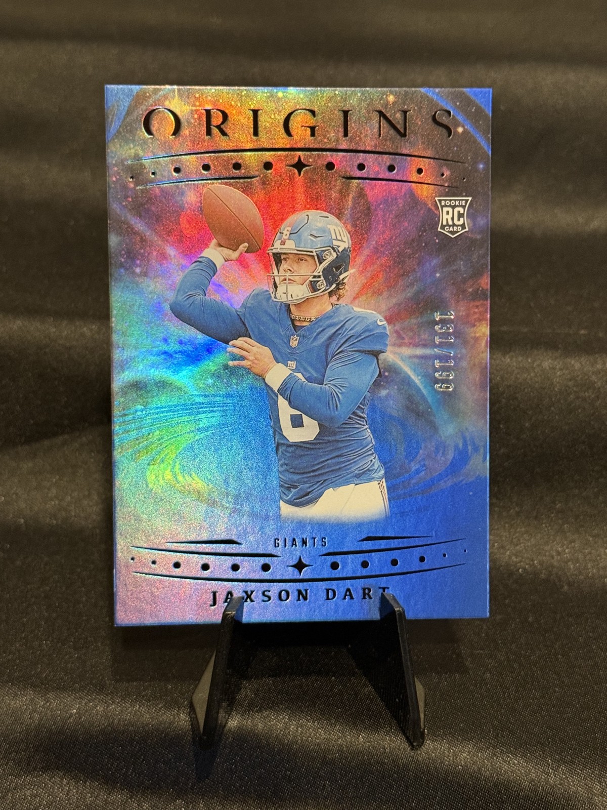 2025 Panini Origins - Rookies Jaxson Dart, Jaxson Dart #145 Holo Blue /199 (RC)